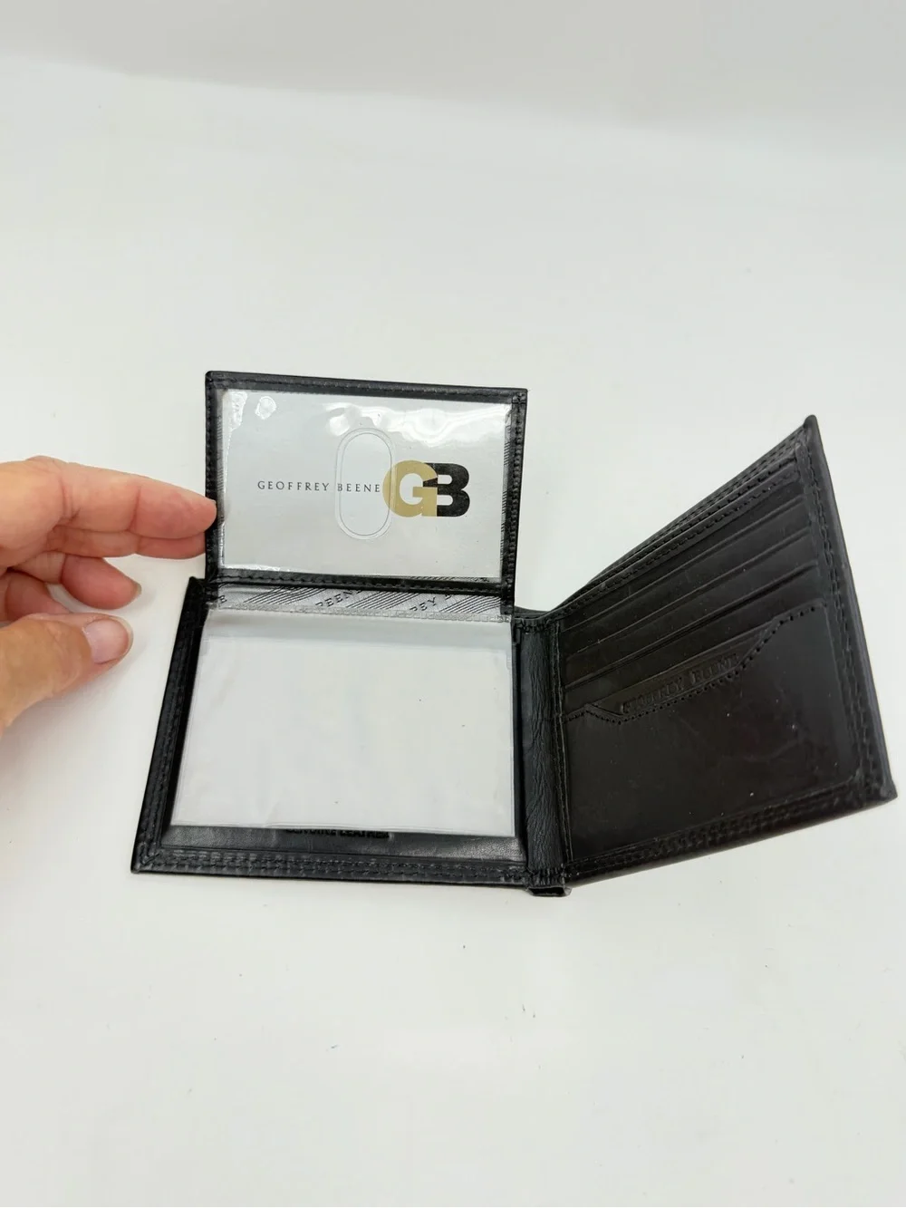 Geoffrey Beene Black Genuine Leather Bifold Wallet Removable Card Photo Case